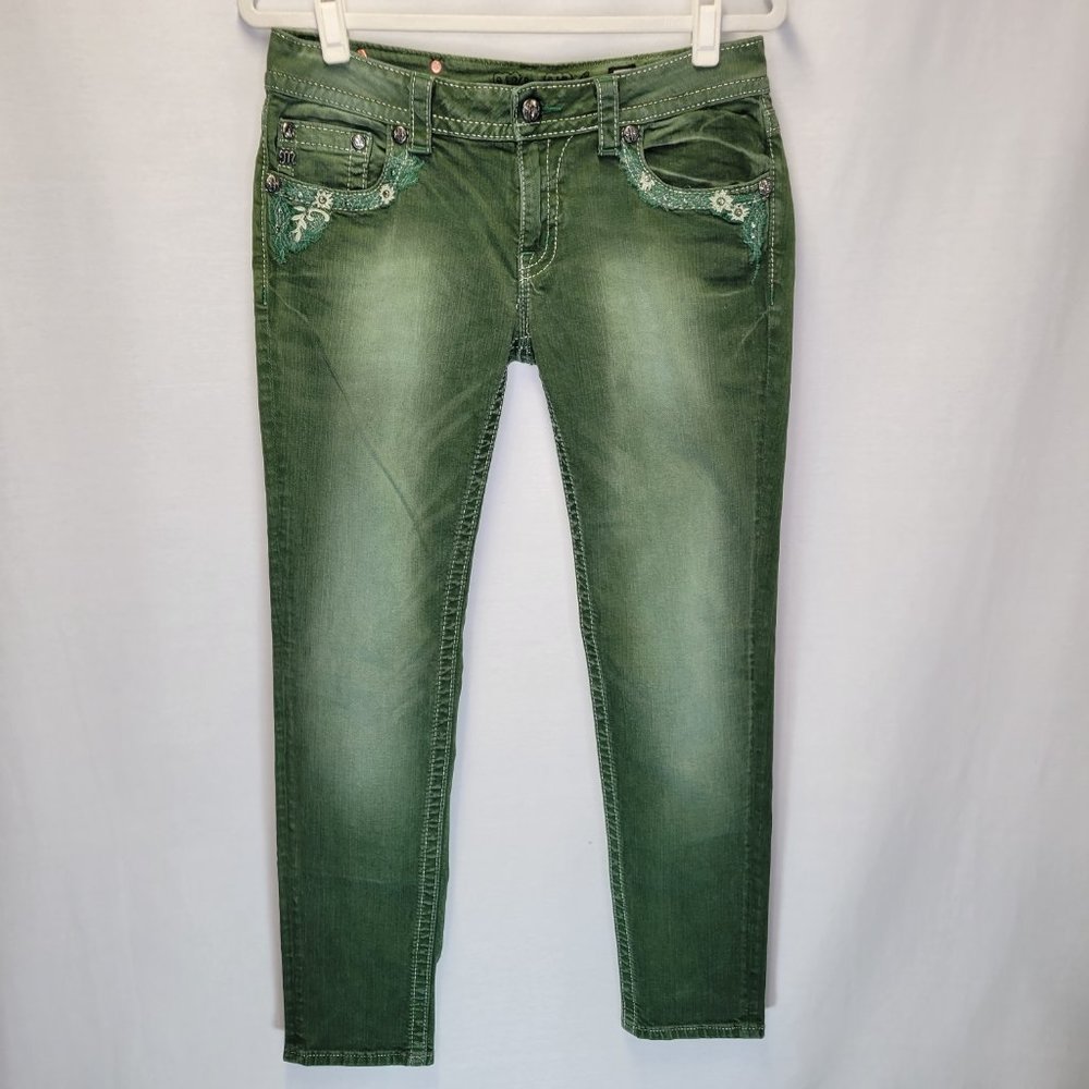 Miss Me Women's Size 30 Jeans Signature Rise Skinny Green Button Flap Pocket